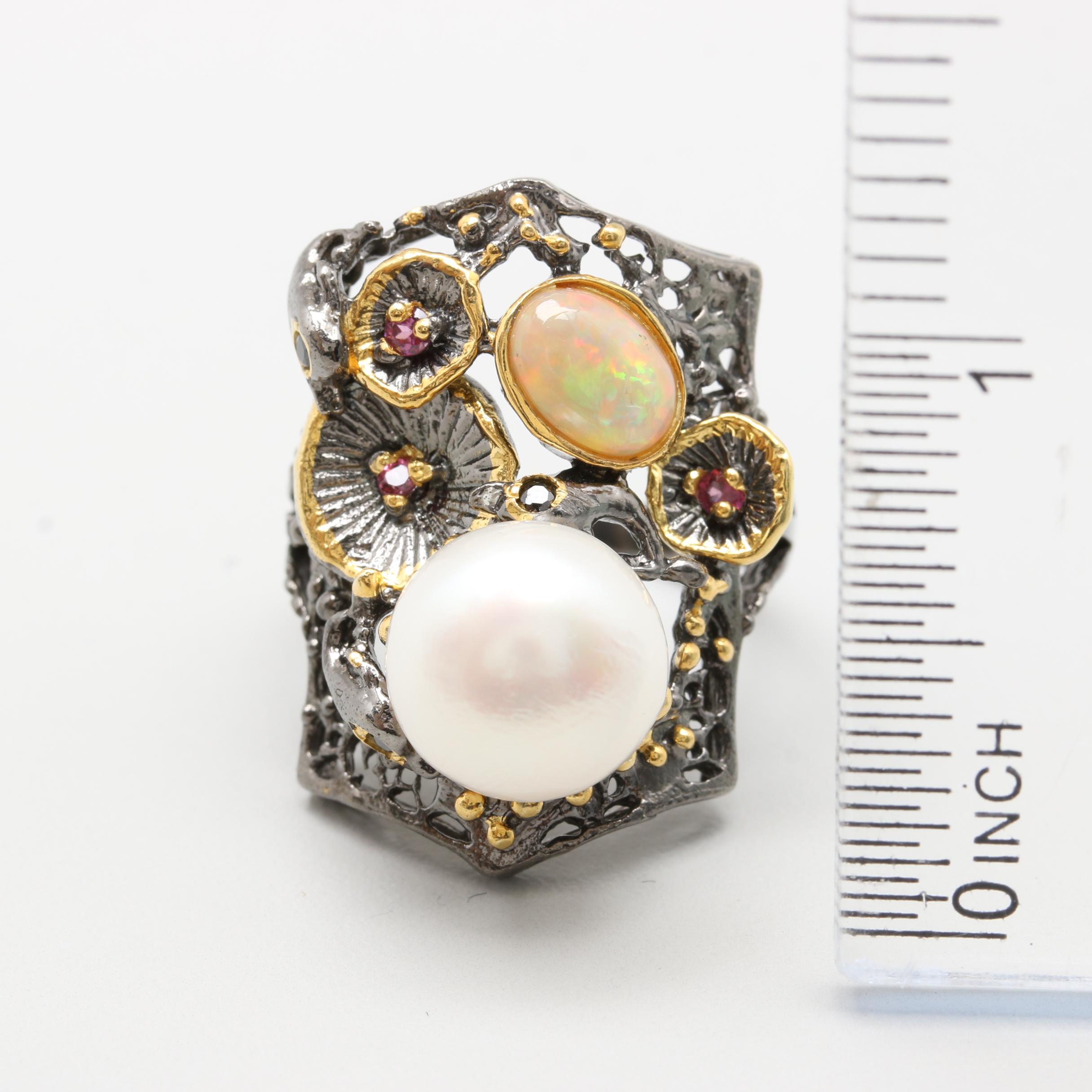 Sterling Silver Cultured Pearl, Opal, and Rhodolite Garnet Ring with Gold Wash