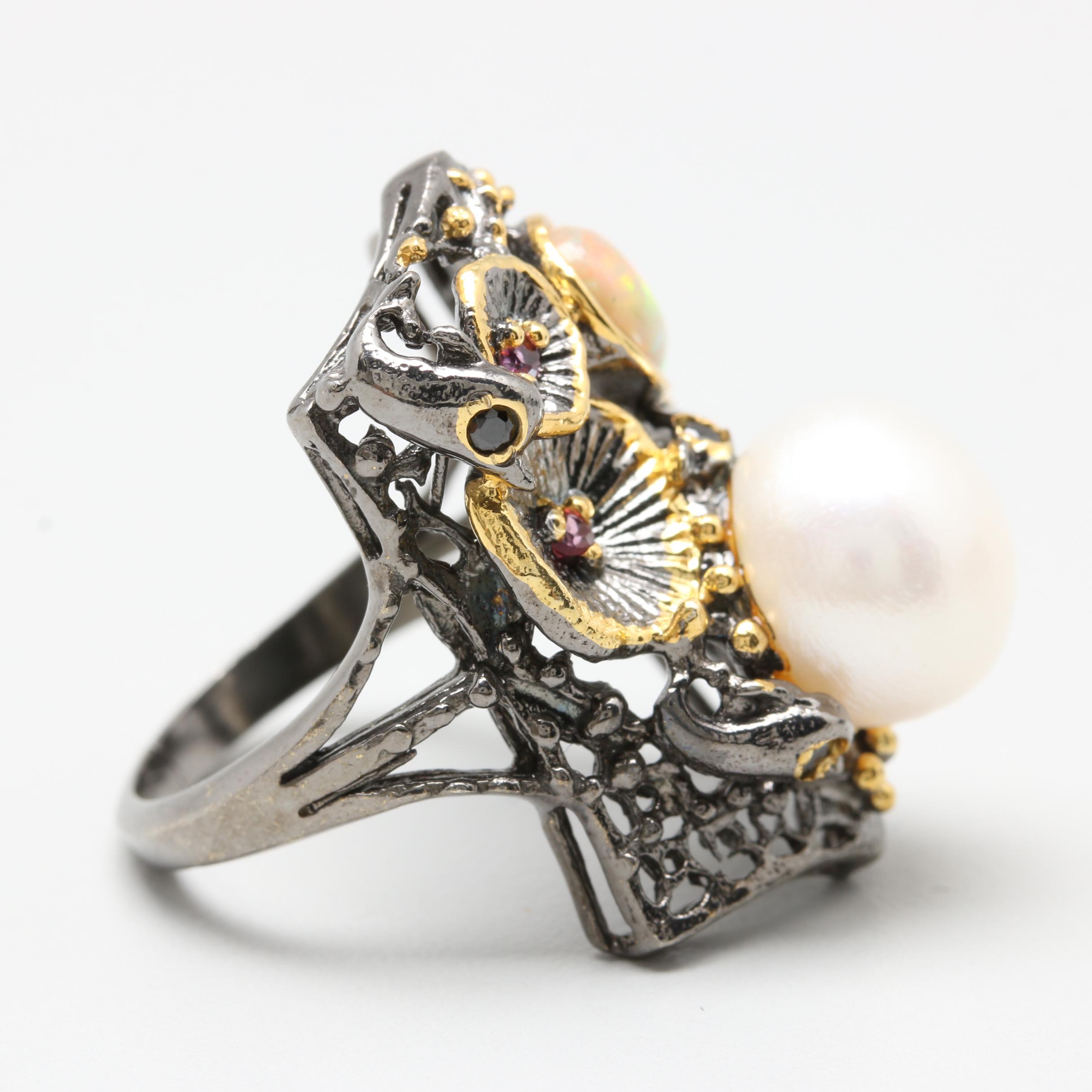 Sterling Silver Cultured Pearl, Opal, and Rhodolite Garnet Ring with Gold Wash