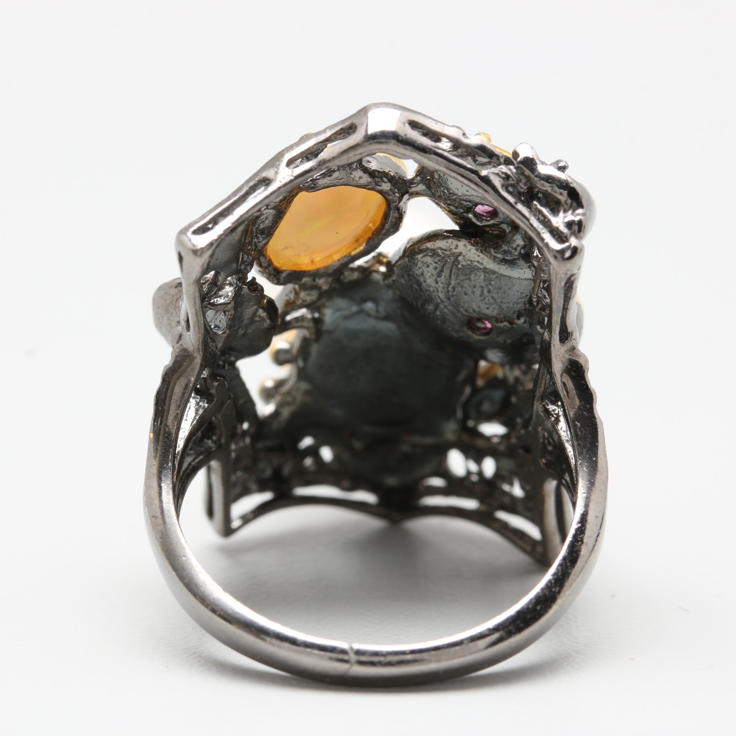 Sterling Silver Cultured Pearl, Opal, and Rhodolite Garnet Ring with Gold Wash