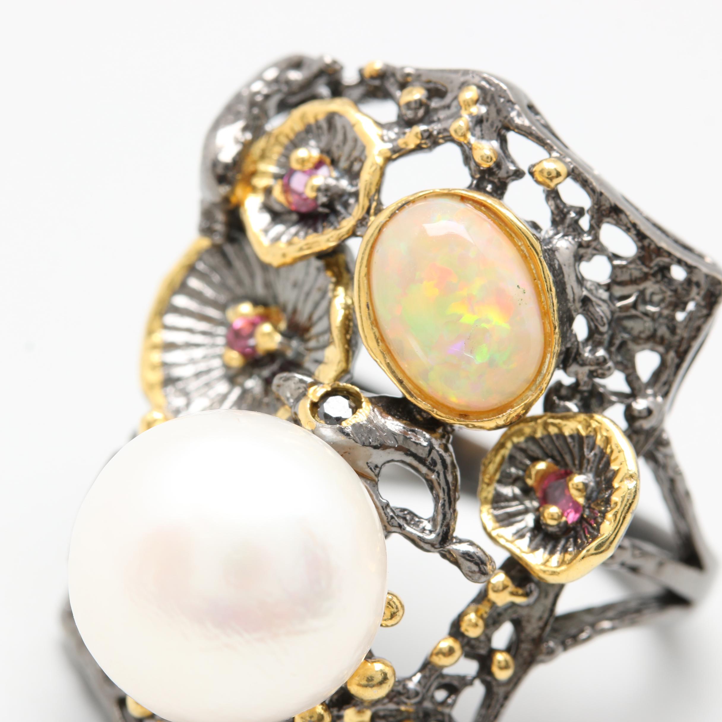 Sterling Silver Cultured Pearl, Opal, and Rhodolite Garnet Ring with Gold Wash