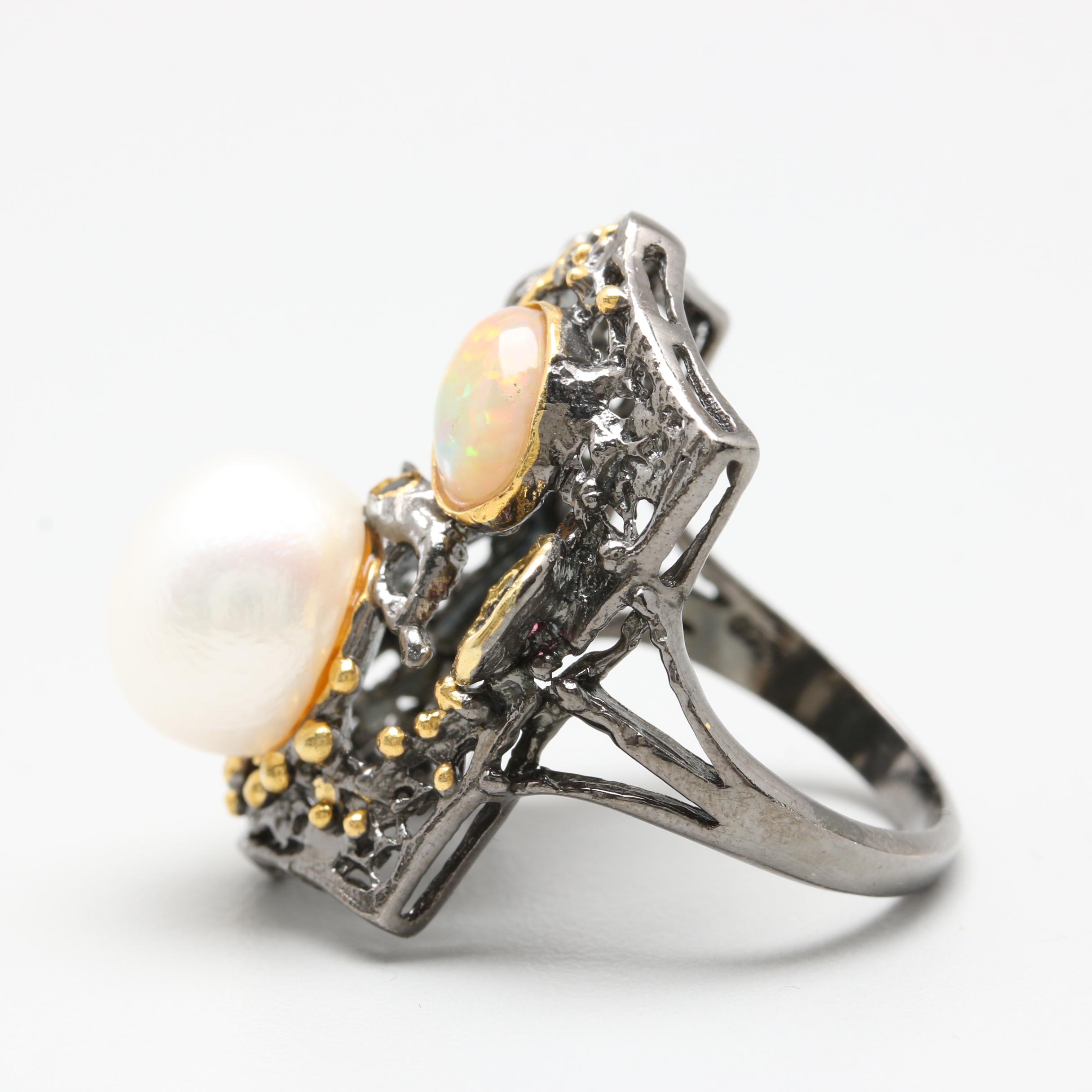 Sterling Silver Cultured Pearl, Opal, and Rhodolite Garnet Ring with Gold Wash