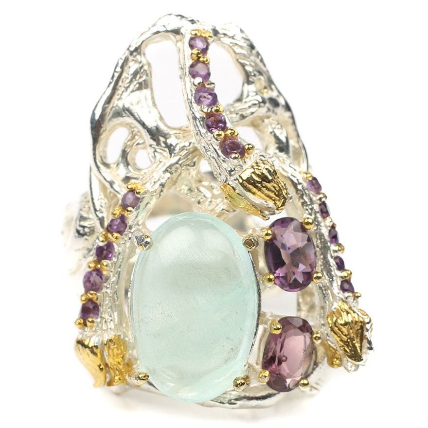 Sterling 7.53 CT Aquamarine, 1.35 CTW Amethyst Ring with Gold Wash Accents