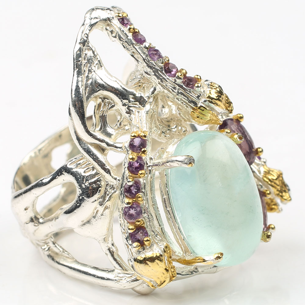 Sterling 7.53 CT Aquamarine, 1.35 CTW Amethyst Ring with Gold Wash Accents