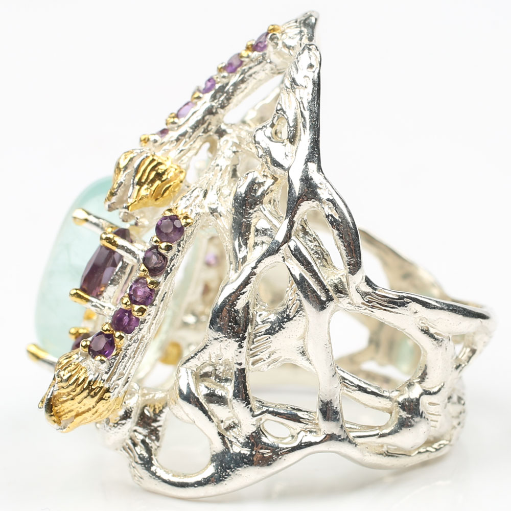 Sterling 7.53 CT Aquamarine, 1.35 CTW Amethyst Ring with Gold Wash Accents