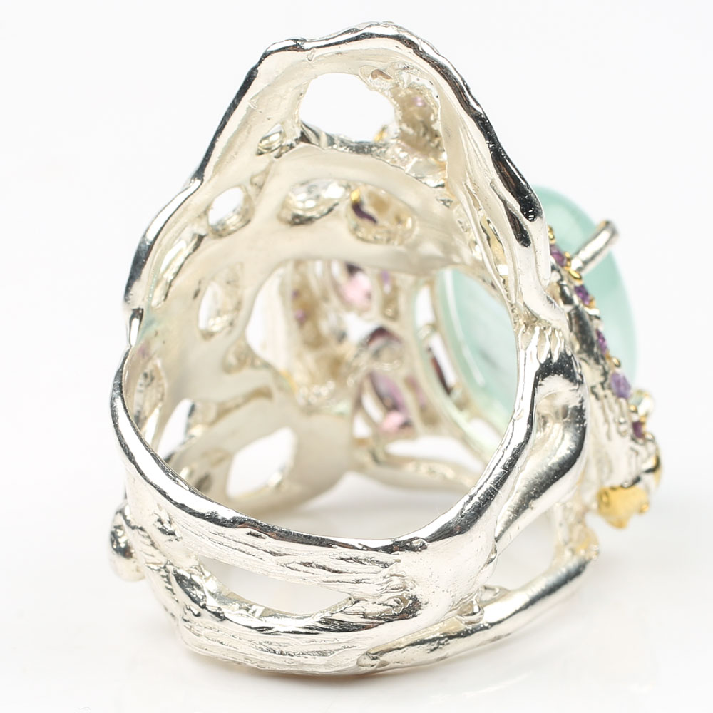 Sterling 7.53 CT Aquamarine, 1.35 CTW Amethyst Ring with Gold Wash Accents