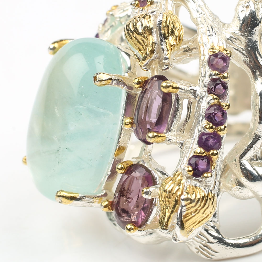 Sterling 7.53 CT Aquamarine, 1.35 CTW Amethyst Ring with Gold Wash Accents
