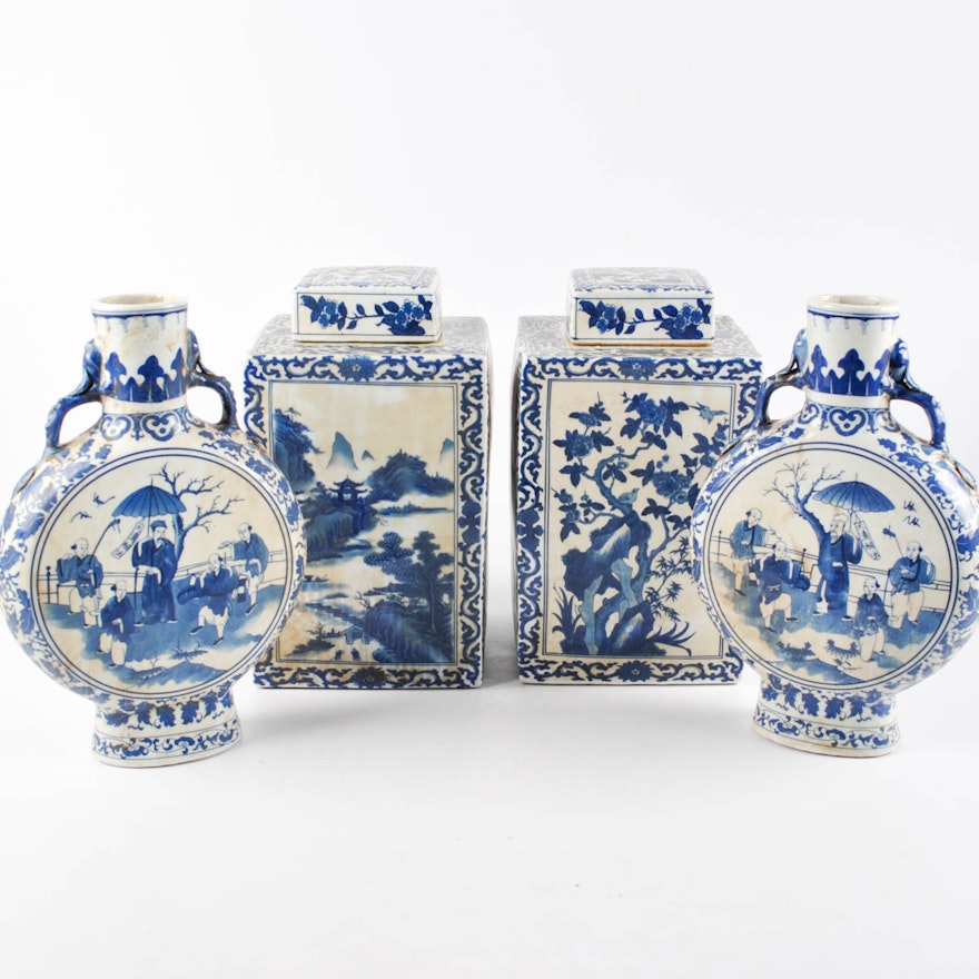 Chinese Hand-Painted Blue and White Decorative Porcelain Moon Flasks and Jars