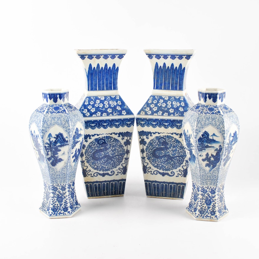 Chinese Blue and White Transferware Ceramic Vases