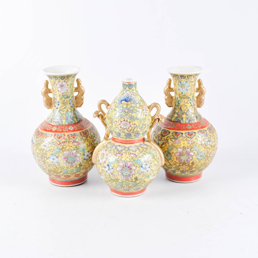 Chinese Famille Jaune Style Hand-Painted Porcelain Vases