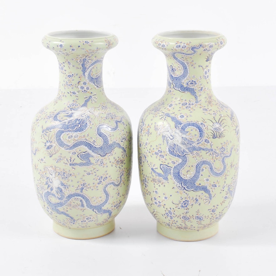 Chinese Dragon Motif Hand-Painted Porcelain Vases