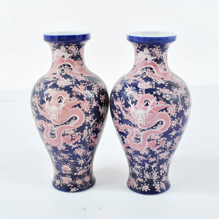 Chinese Dragon and Floral Themed Porcelain Vases