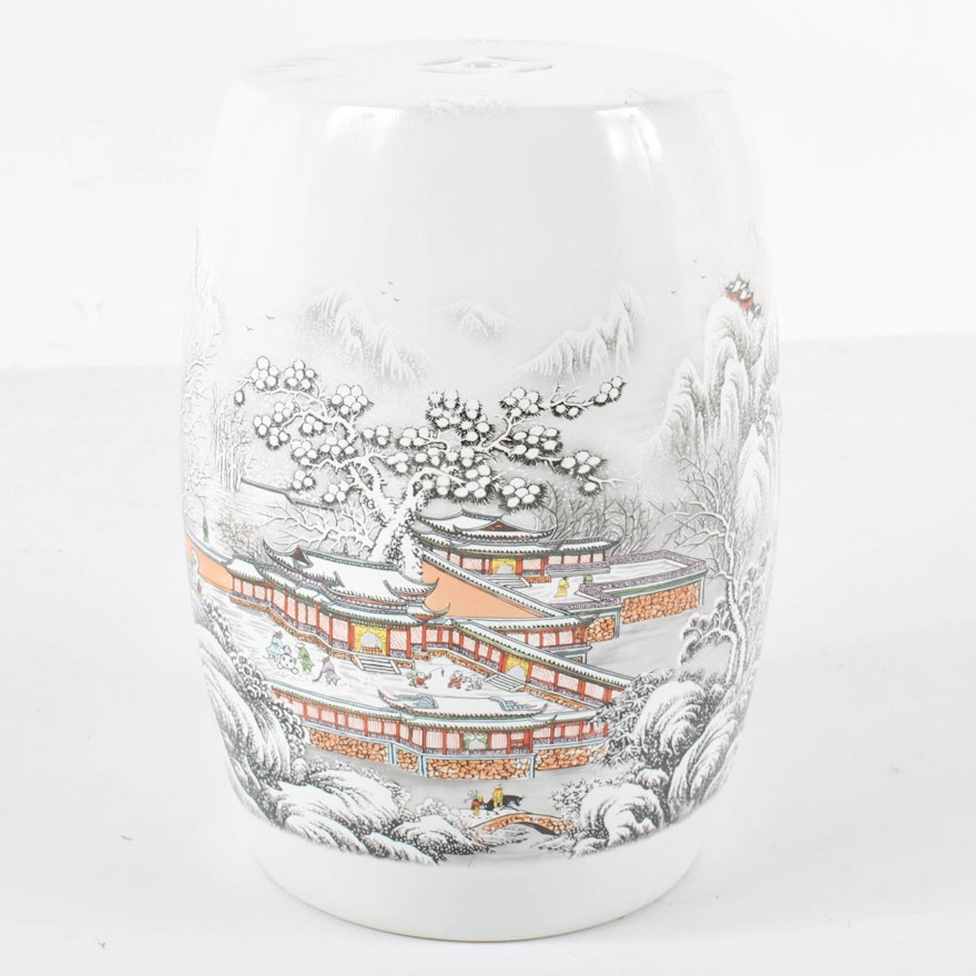 Chinese Ceramic Garden Stool Depicting Snowy Landscape