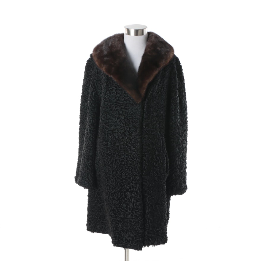 Women's Vintage Evans Furs Persian Lamb Fur Coat with Mink Fur Collar