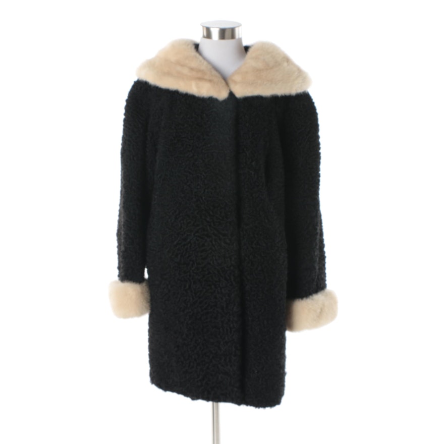 Women's Vintage Sears Black Persian Lamb Fur Coat with Blonde Mink Fur Trim