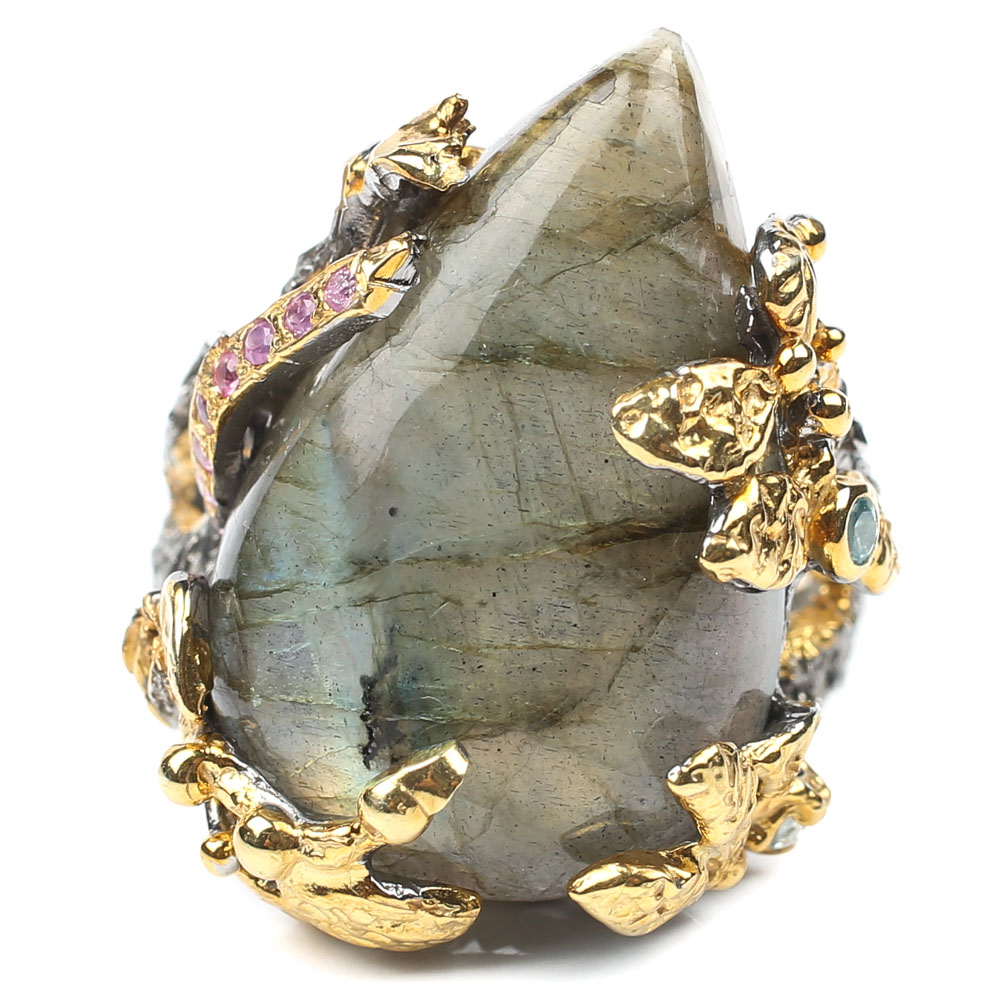 Sterling 17.53 CT Labradorite, Ruby and Blue Topaz Ring with Gold Wash