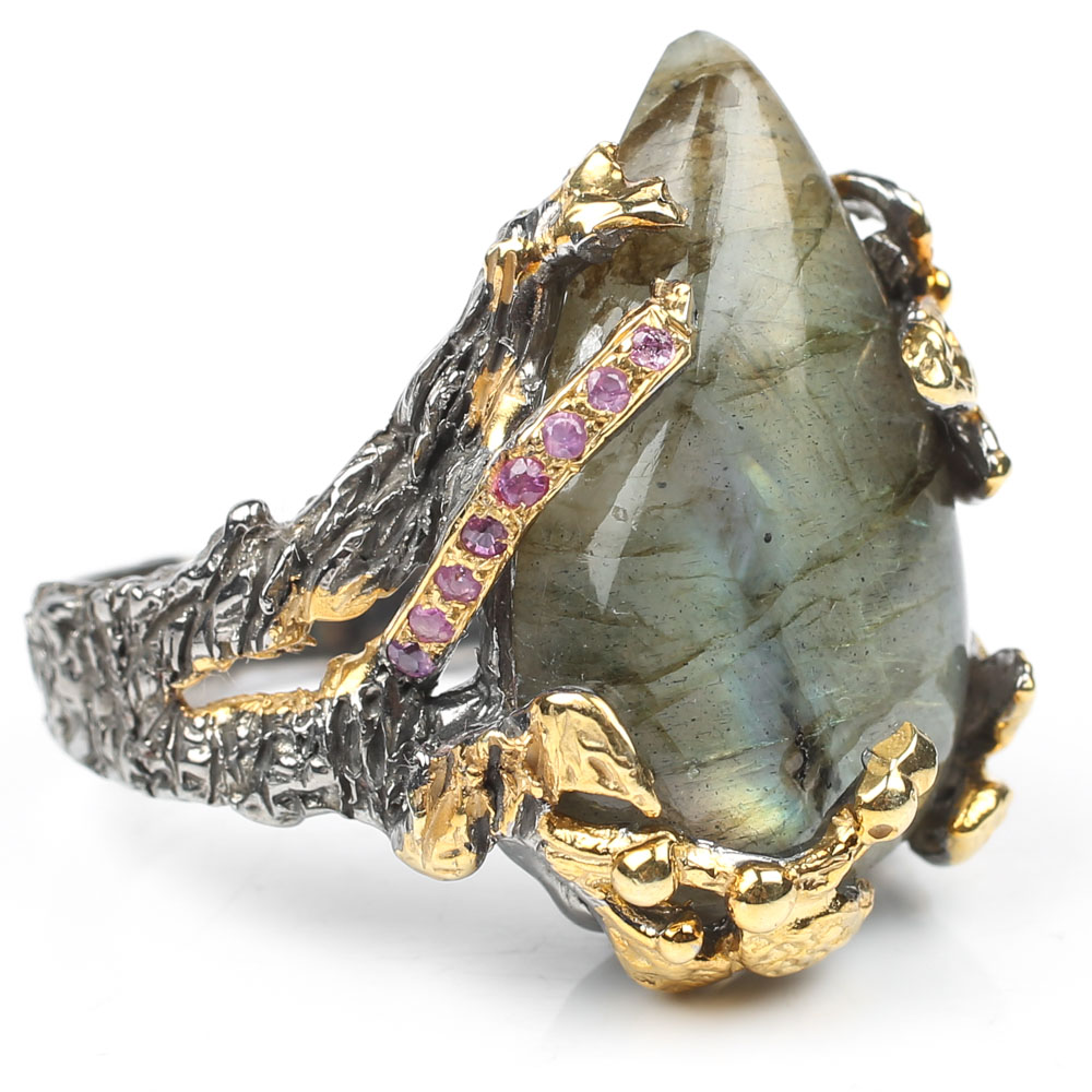 Sterling 17.53 CT Labradorite, Ruby and Blue Topaz Ring with Gold Wash