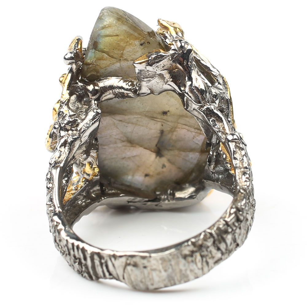 Sterling 17.53 CT Labradorite, Ruby and Blue Topaz Ring with Gold Wash