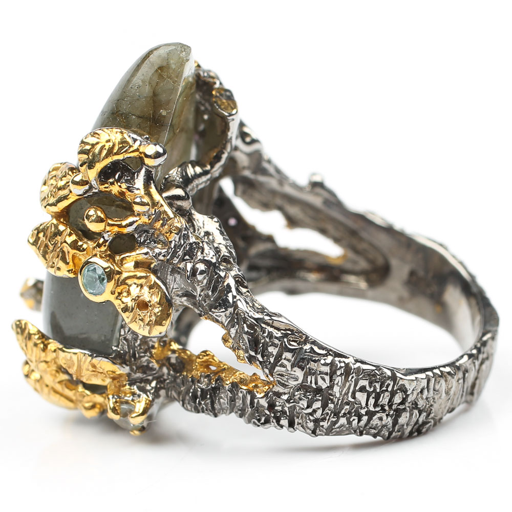 Sterling 17.53 CT Labradorite, Ruby and Blue Topaz Ring with Gold Wash