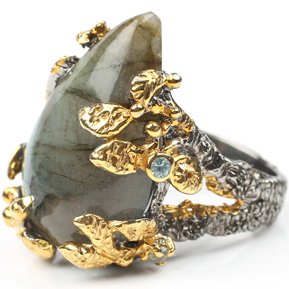 Sterling 17.53 CT Labradorite, Ruby and Blue Topaz Ring with Gold Wash