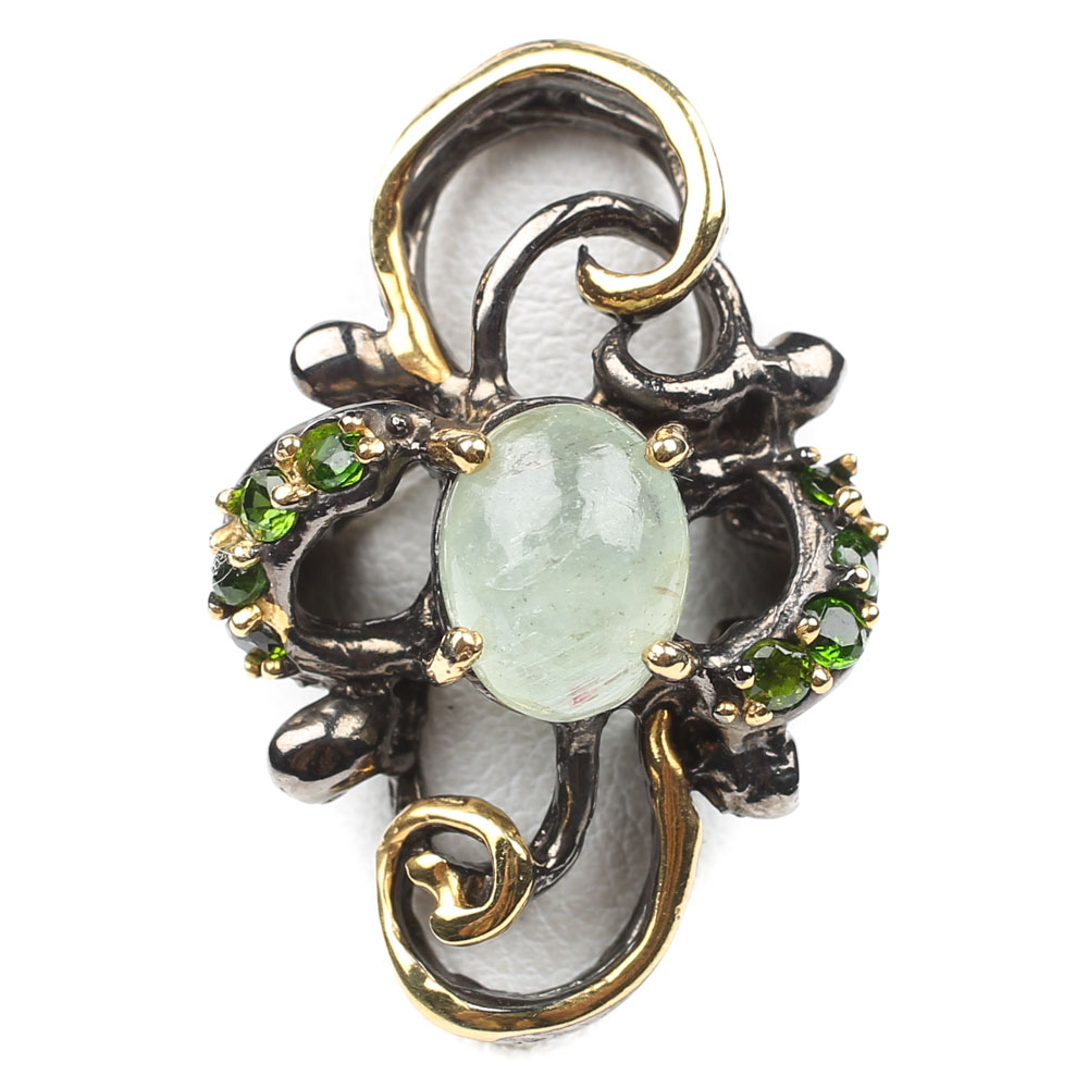 Sterling 2.87 CT Green Beryl and Chrome Diopside Swirl Ring with Gold Wash