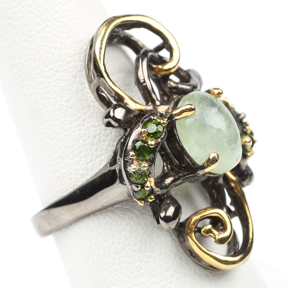 Sterling 2.87 CT Green Beryl and Chrome Diopside Swirl Ring with Gold Wash