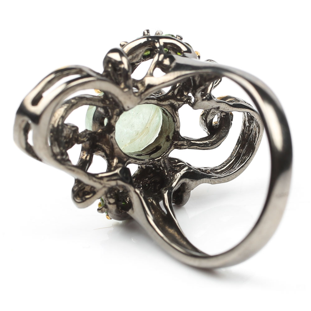 Sterling 2.87 CT Green Beryl and Chrome Diopside Swirl Ring with Gold Wash