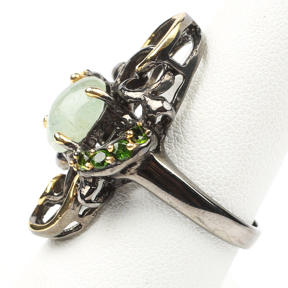 Sterling 2.87 CT Green Beryl and Chrome Diopside Swirl Ring with Gold Wash