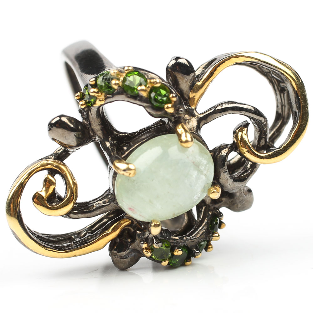 Sterling 2.87 CT Green Beryl and Chrome Diopside Swirl Ring with Gold Wash