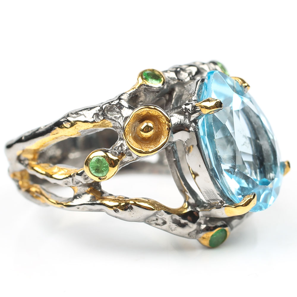Sterling 5.65 CT Blue Topaz and Peridot Ring with Gold Wash Accents