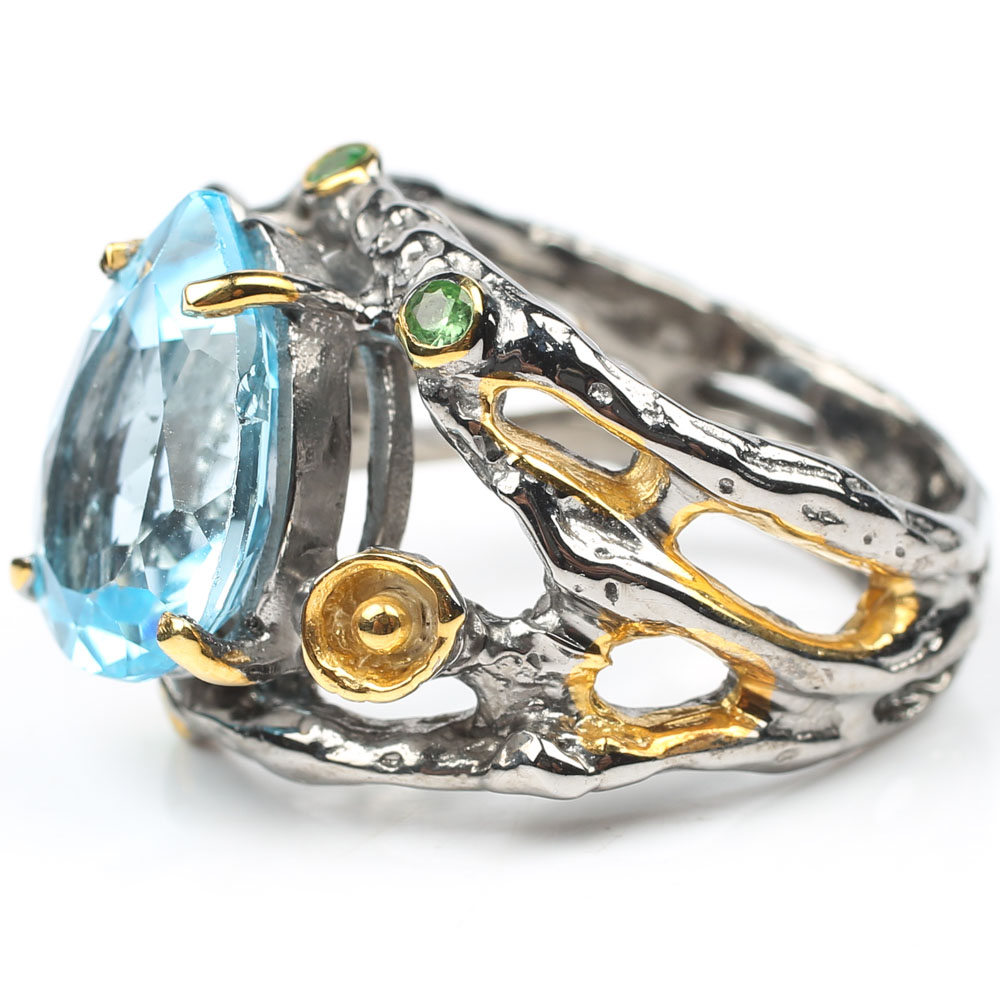 Sterling 5.65 CT Blue Topaz and Peridot Ring with Gold Wash Accents