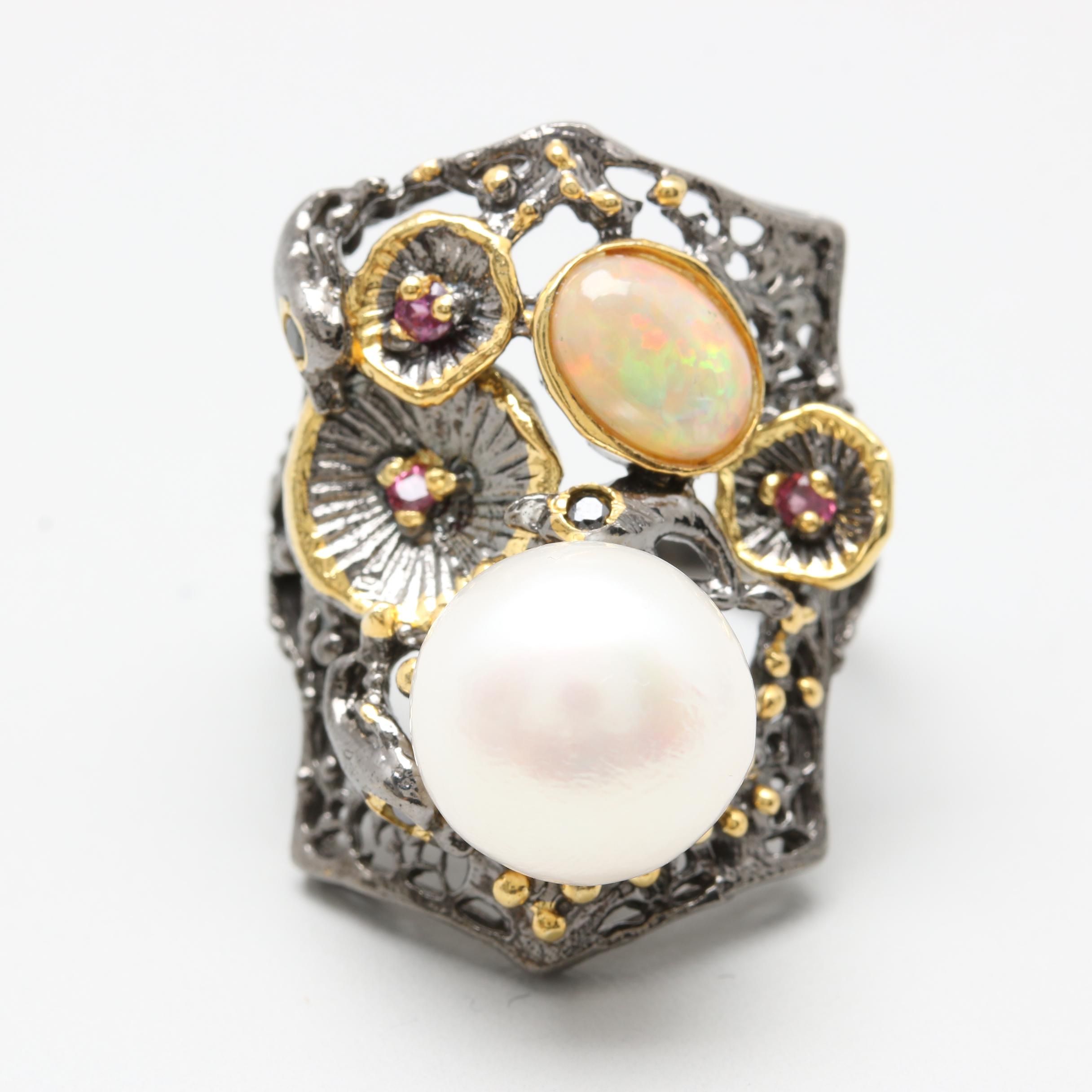 Sterling Silver Cultured Pearl, Opal, and Rhodolite Garnet Ring with Gold Wash