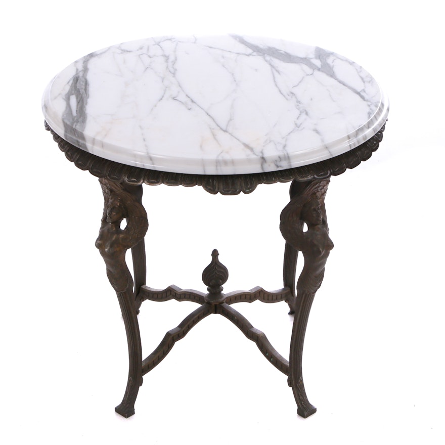 Vintage Cast Iron Winged Woman Parlor Table with White Marble Table Top