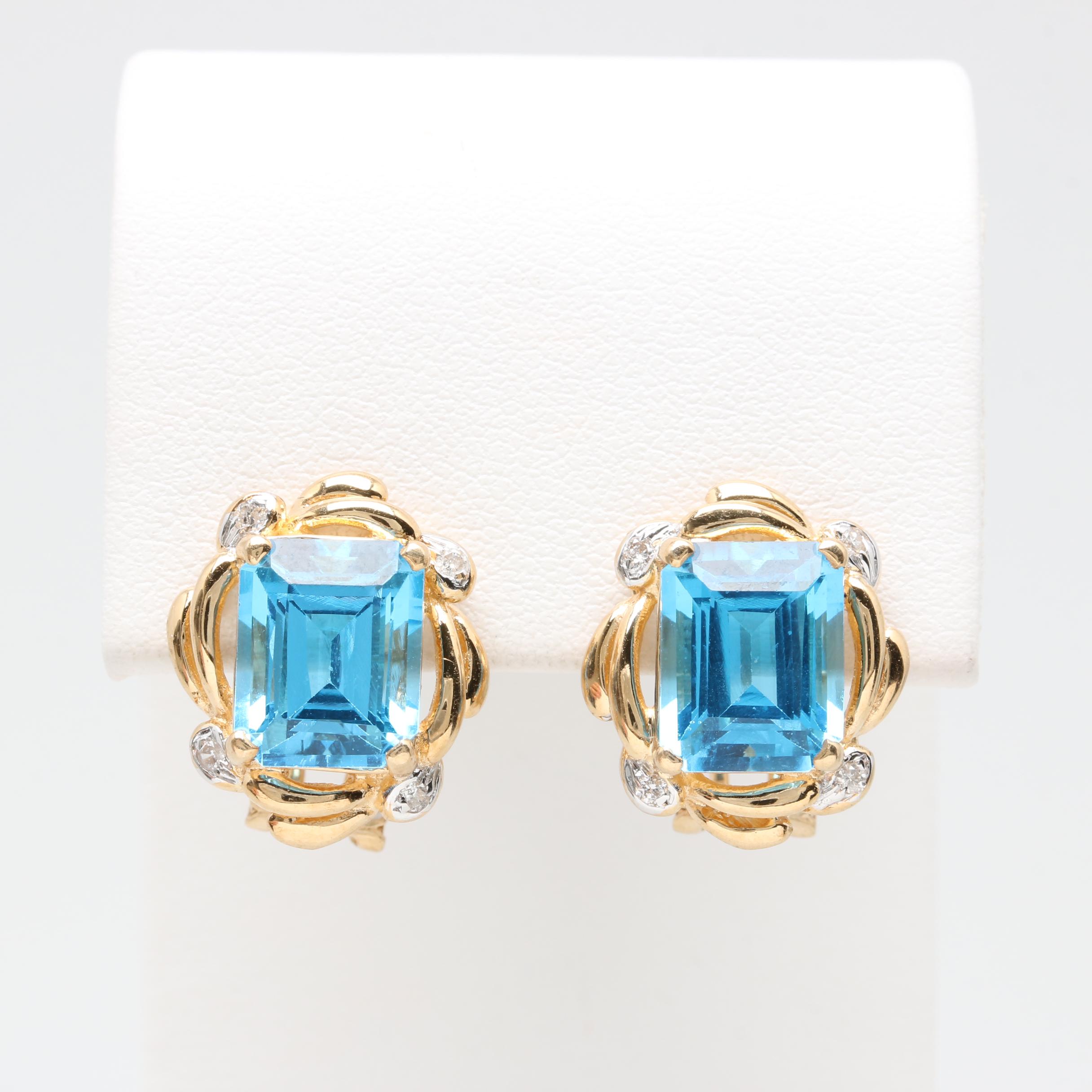 14K Yellow Gold Blue Topaz and Diamond Earrings