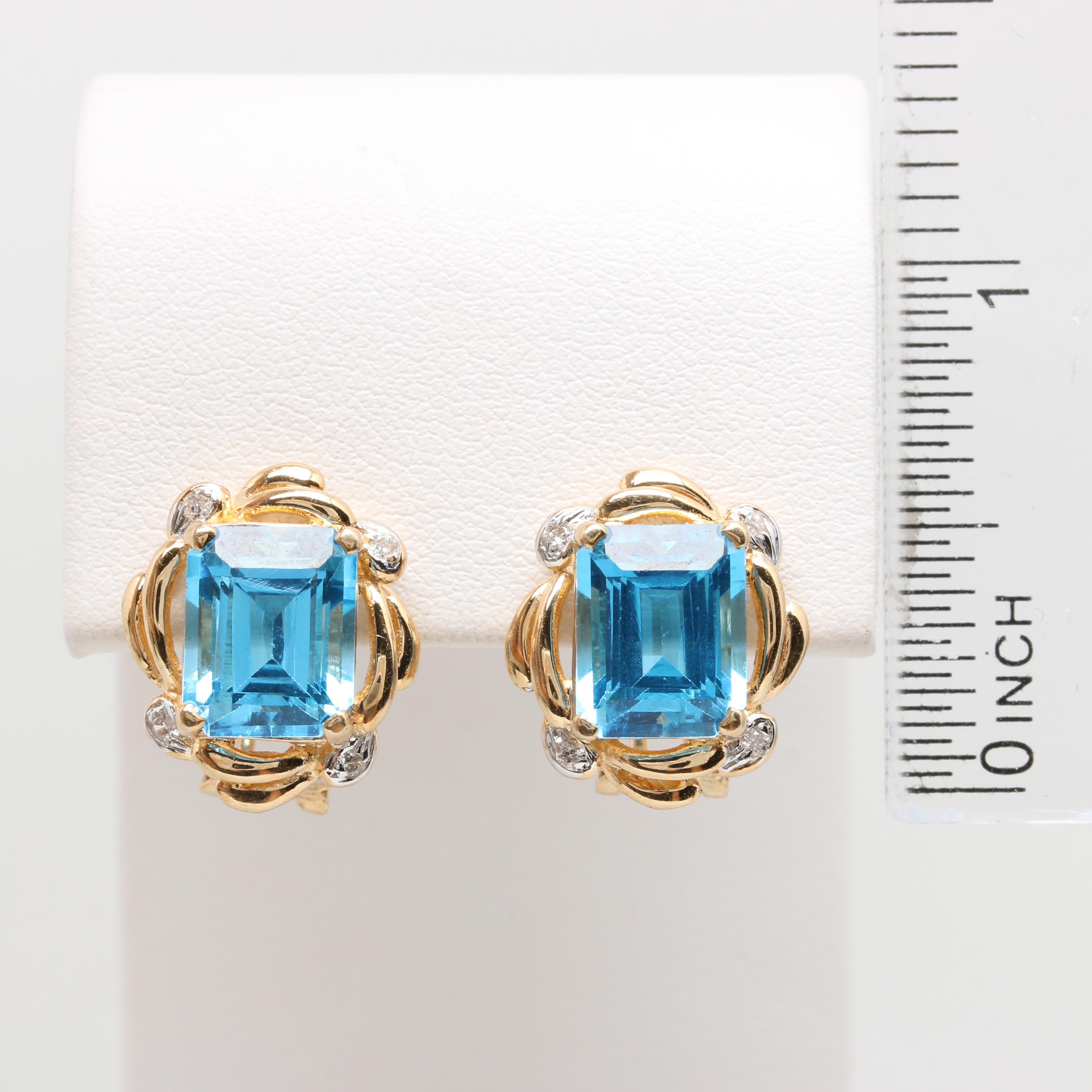 14K Yellow Gold Blue Topaz and Diamond Earrings