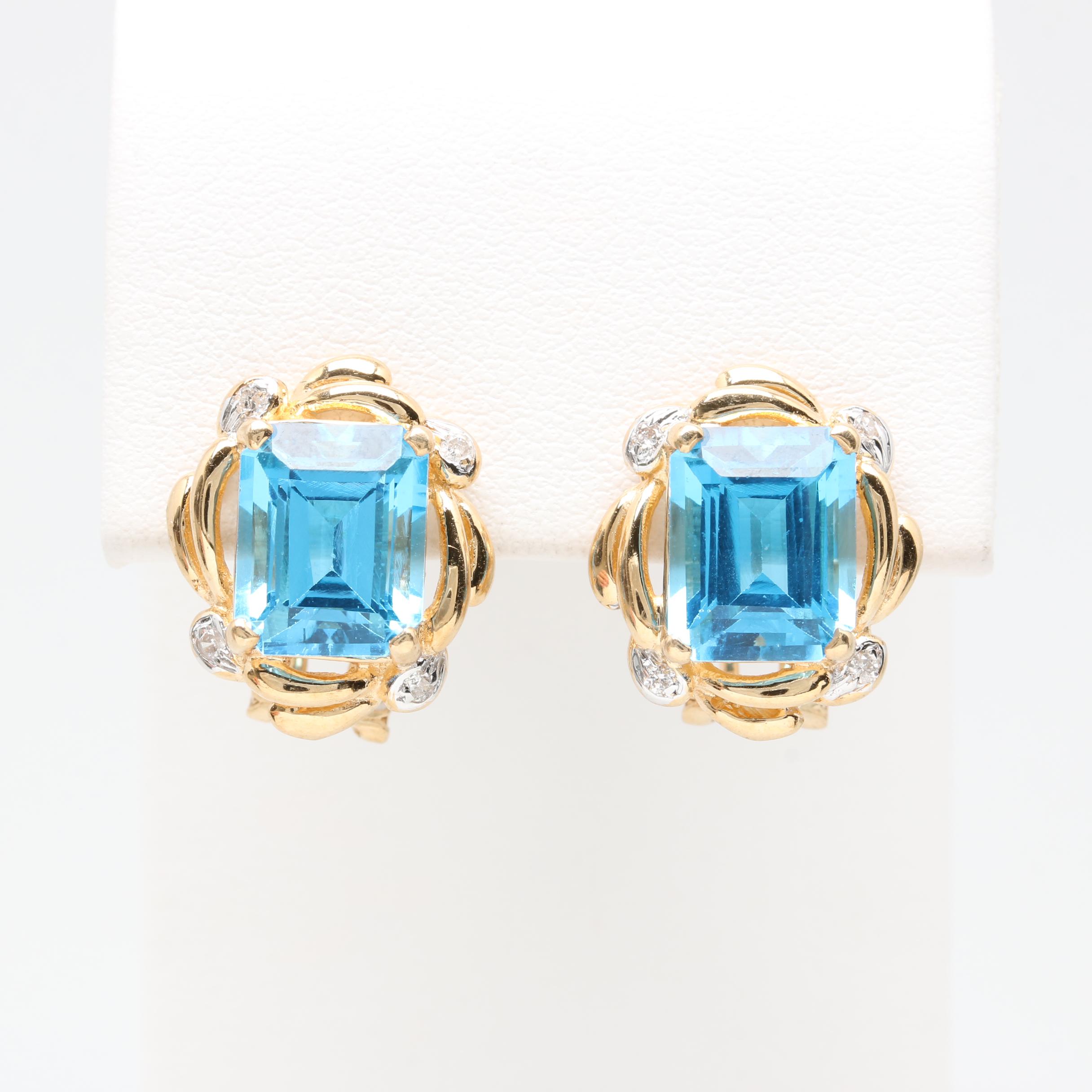 14K Yellow Gold Blue Topaz and Diamond Earrings
