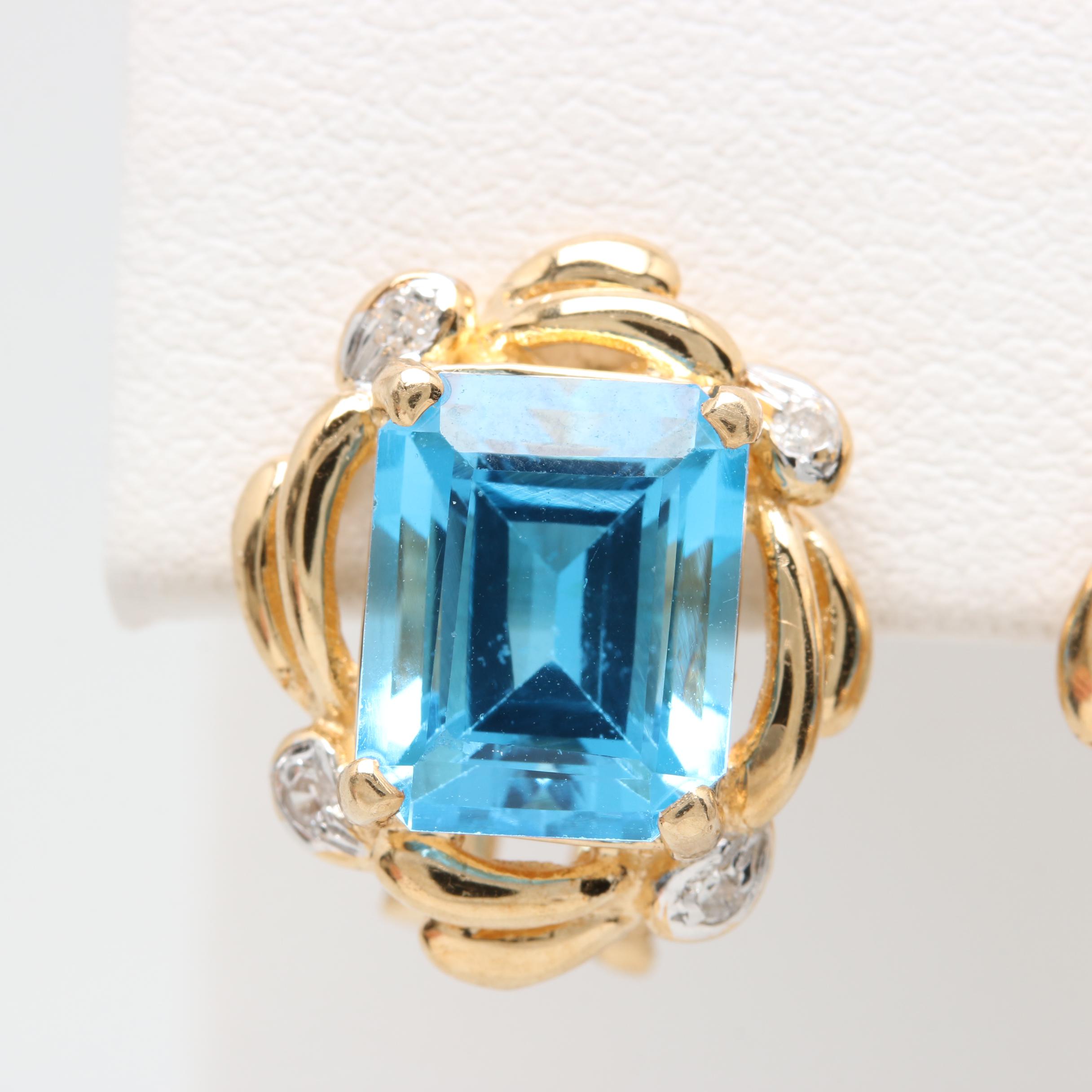 14K Yellow Gold Blue Topaz and Diamond Earrings