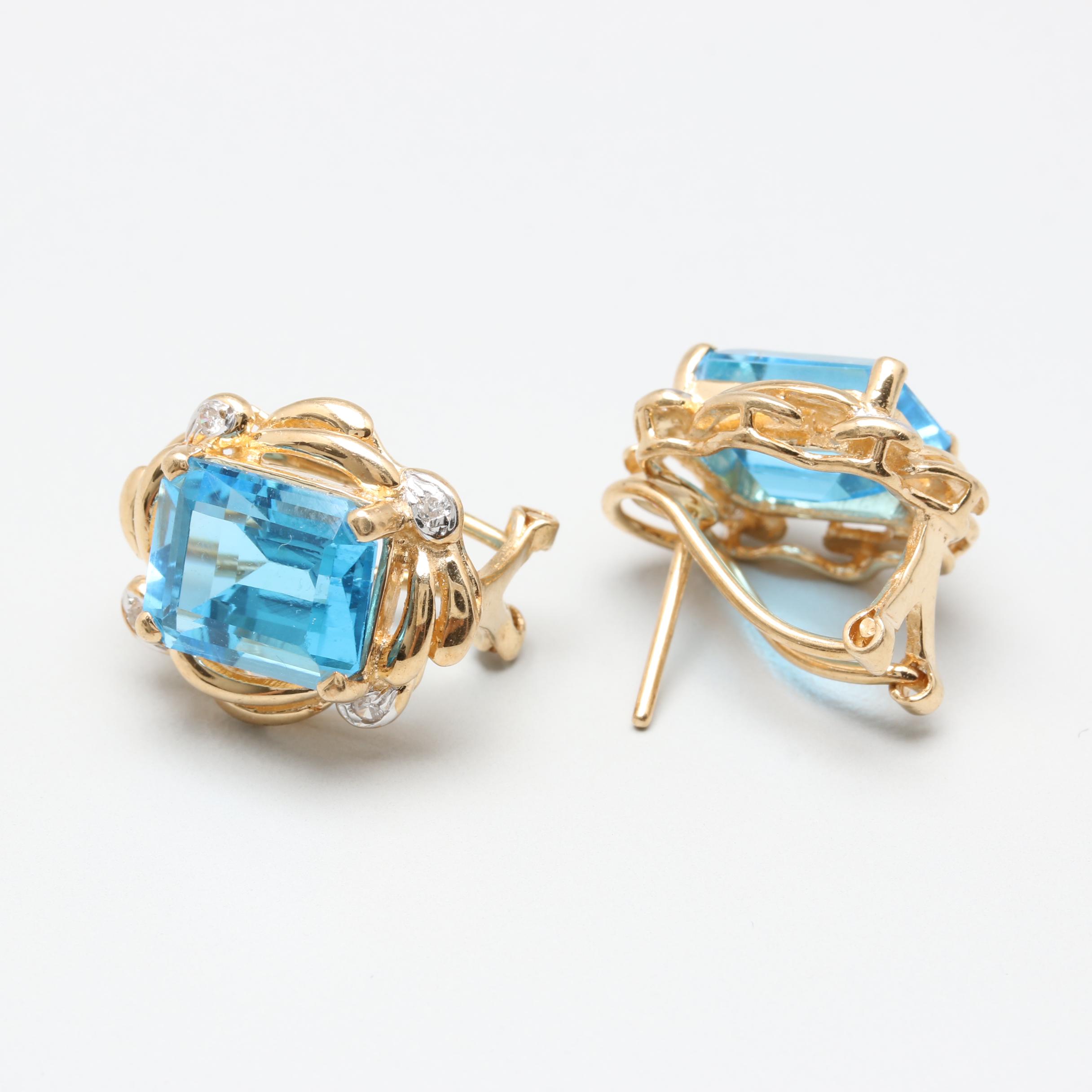 14K Yellow Gold Blue Topaz and Diamond Earrings