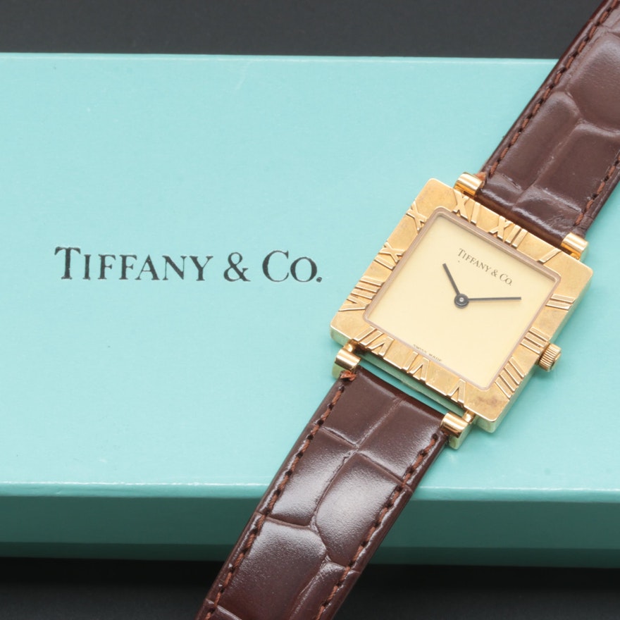 Tiffany & Co. Atlas 18K Yellow Gold Wristwatch with Brown Leather Strap