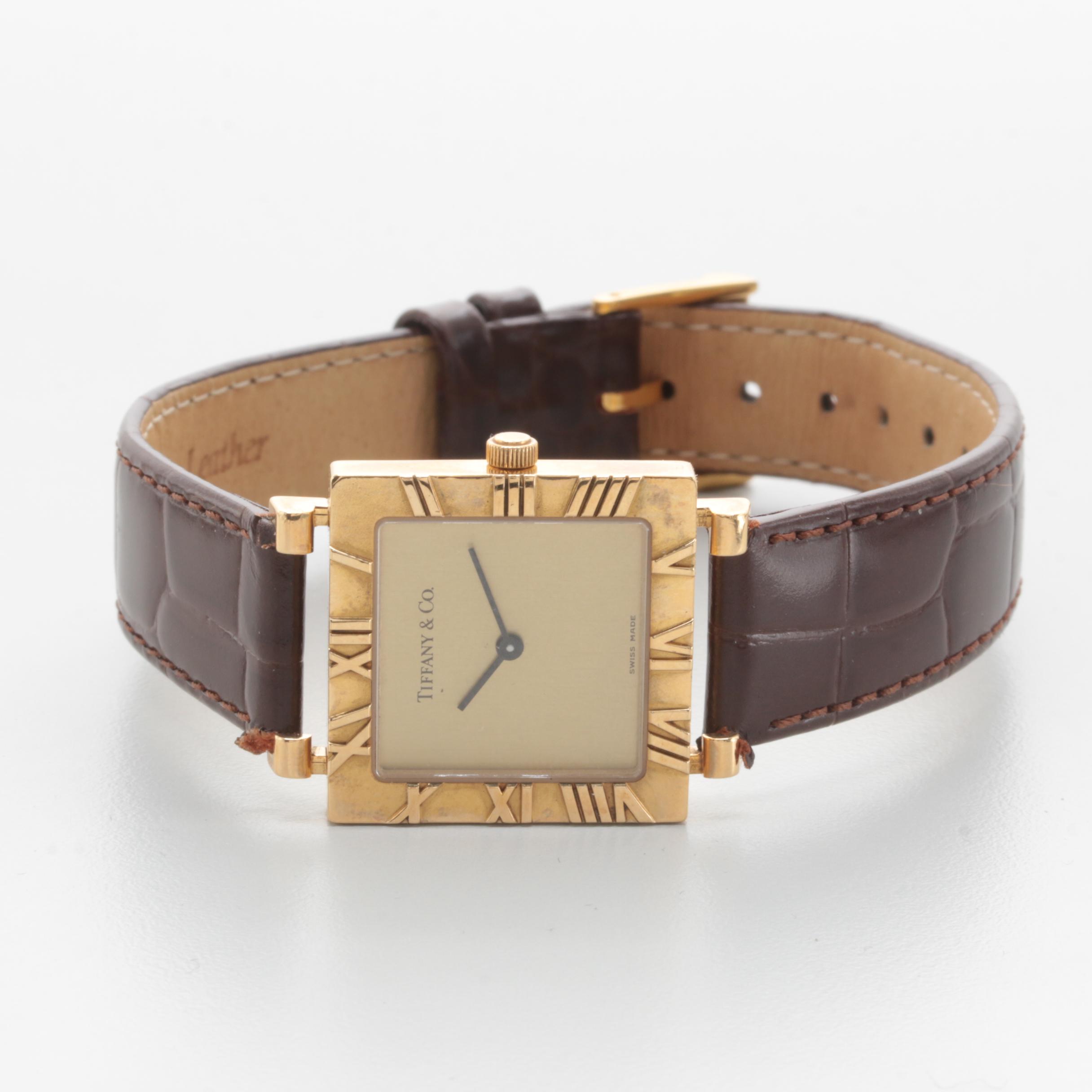 Tiffany & Co. Atlas 18K Yellow Gold Watch with Brown Leather Strap