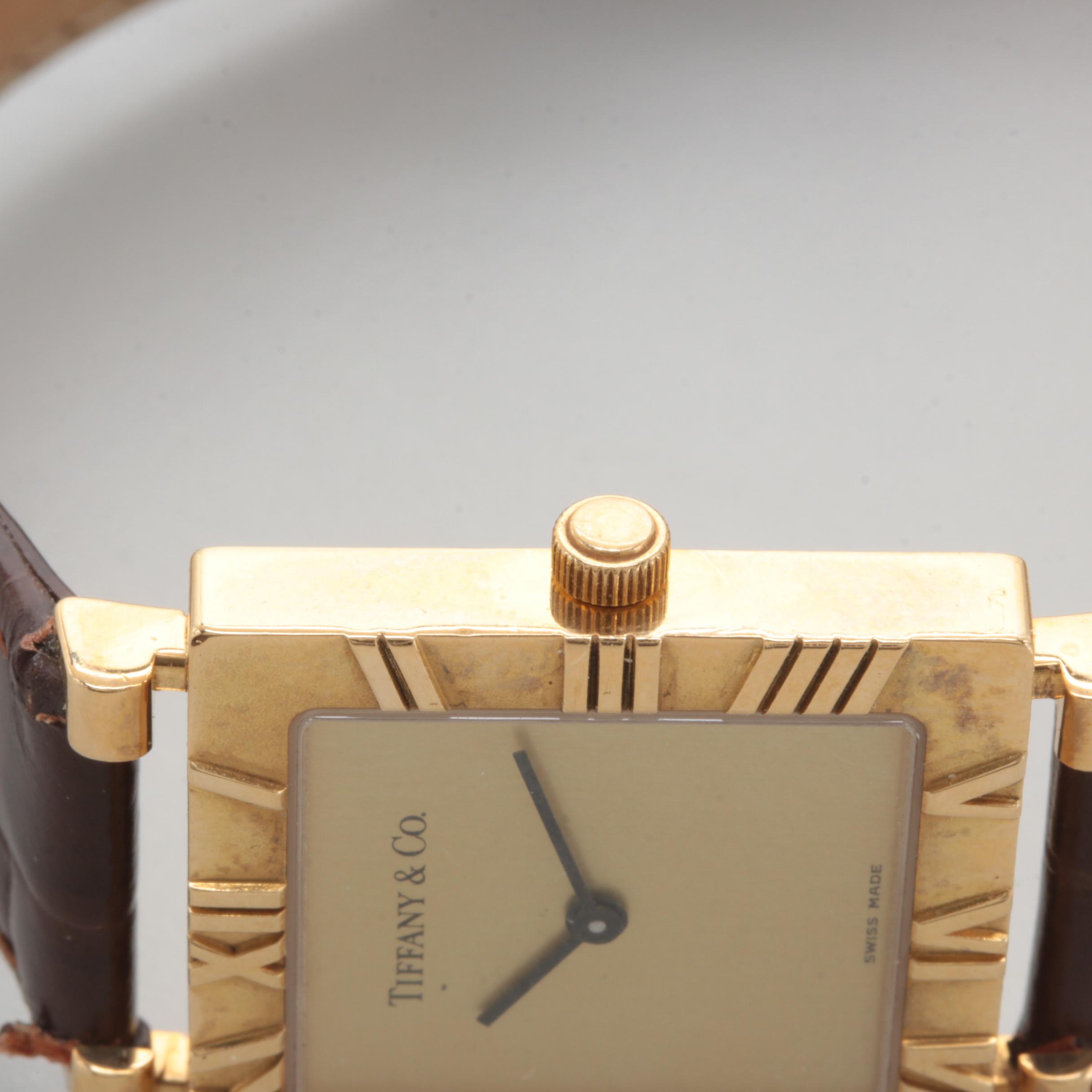 Tiffany & Co. Atlas 18K Yellow Gold Watch with Brown Leather Strap