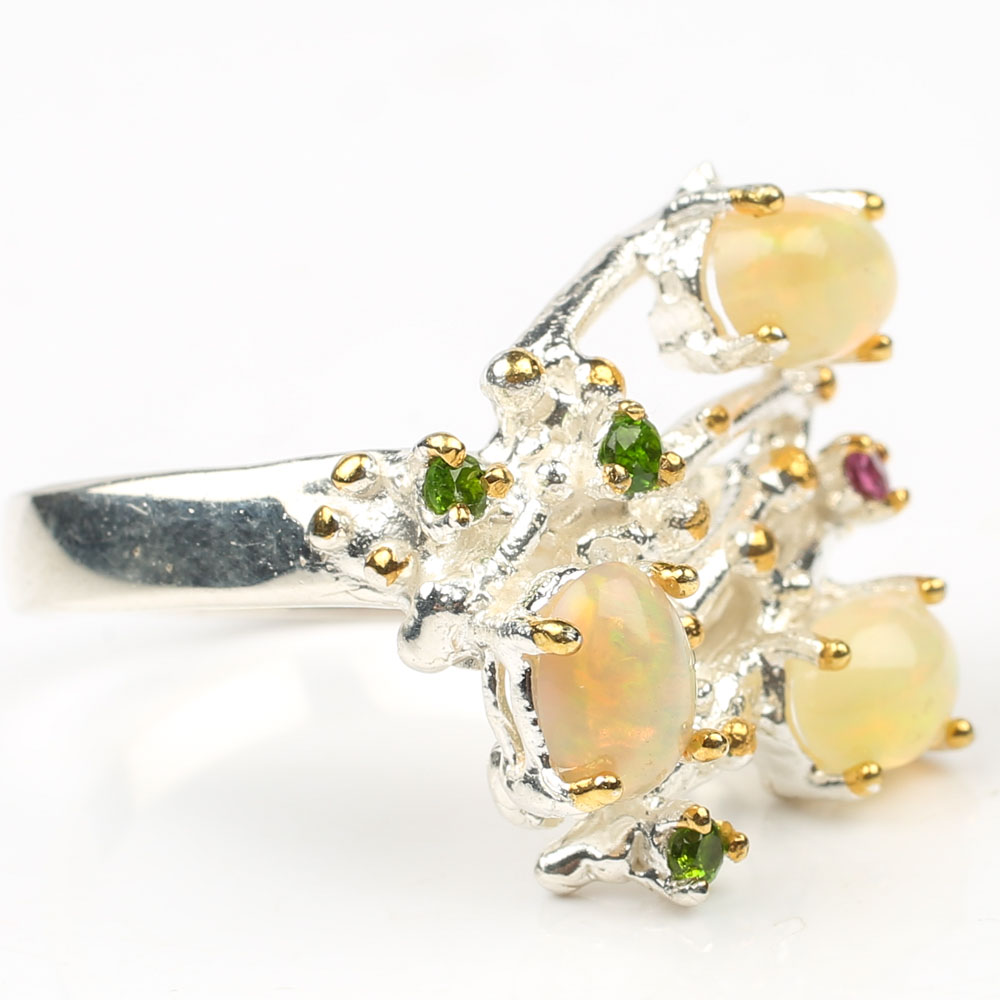 Sterling Silver 1.92 CTW Opal, Peridot and Garnet Ring with Gold Wash Accents