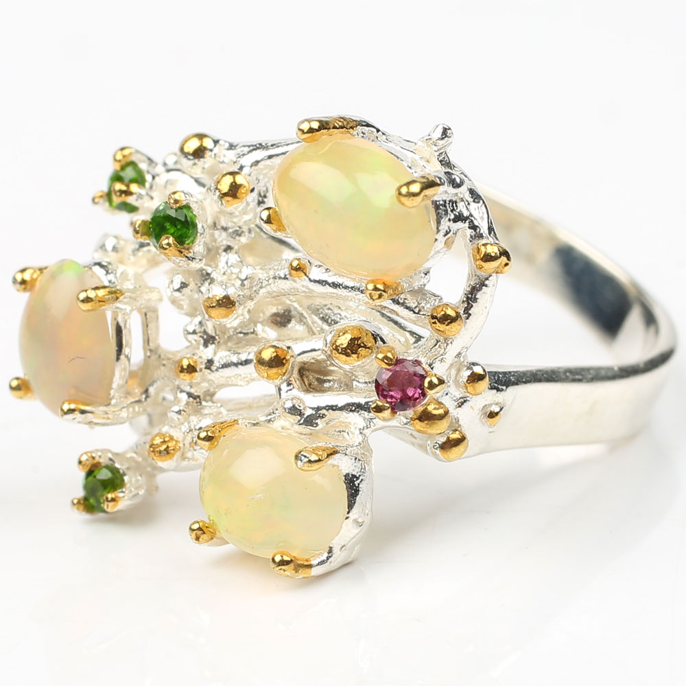 Sterling Silver 1.92 CTW Opal, Peridot and Garnet Ring with Gold Wash Accents