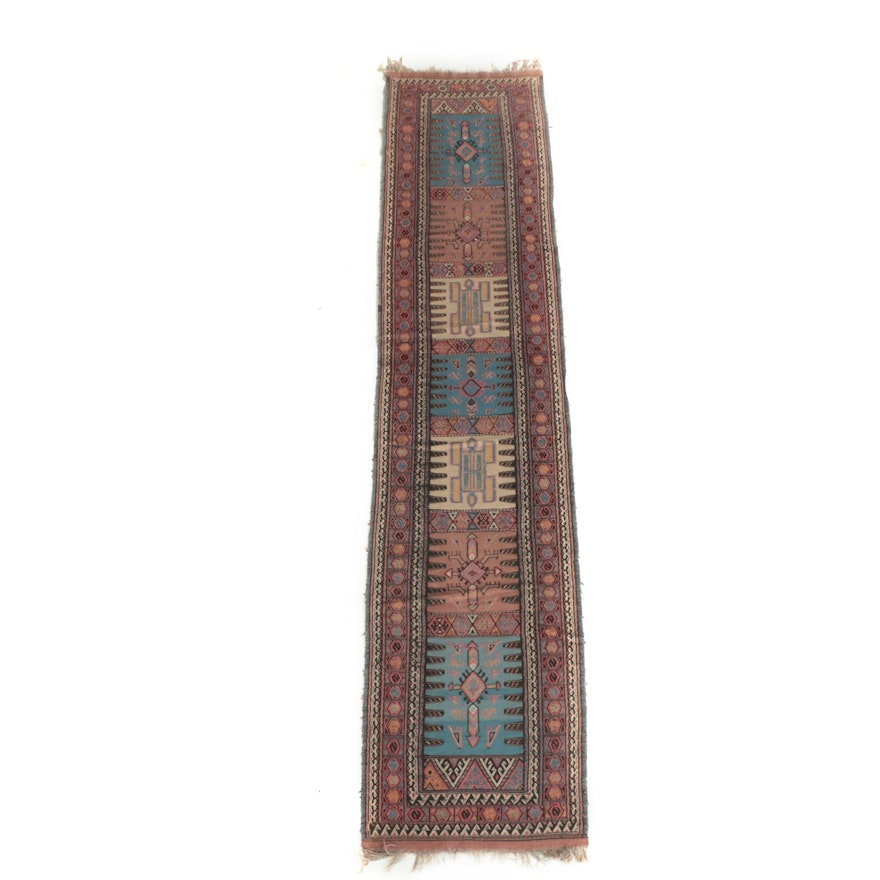 Handwoven and Embroidered Caucasian Wool Kilim Runner