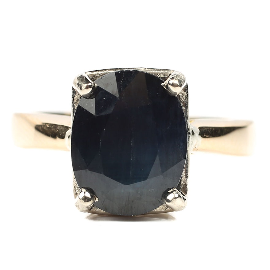 14K Yellow Gold 4.36 CT Sapphire Ring with White Gold Prongs