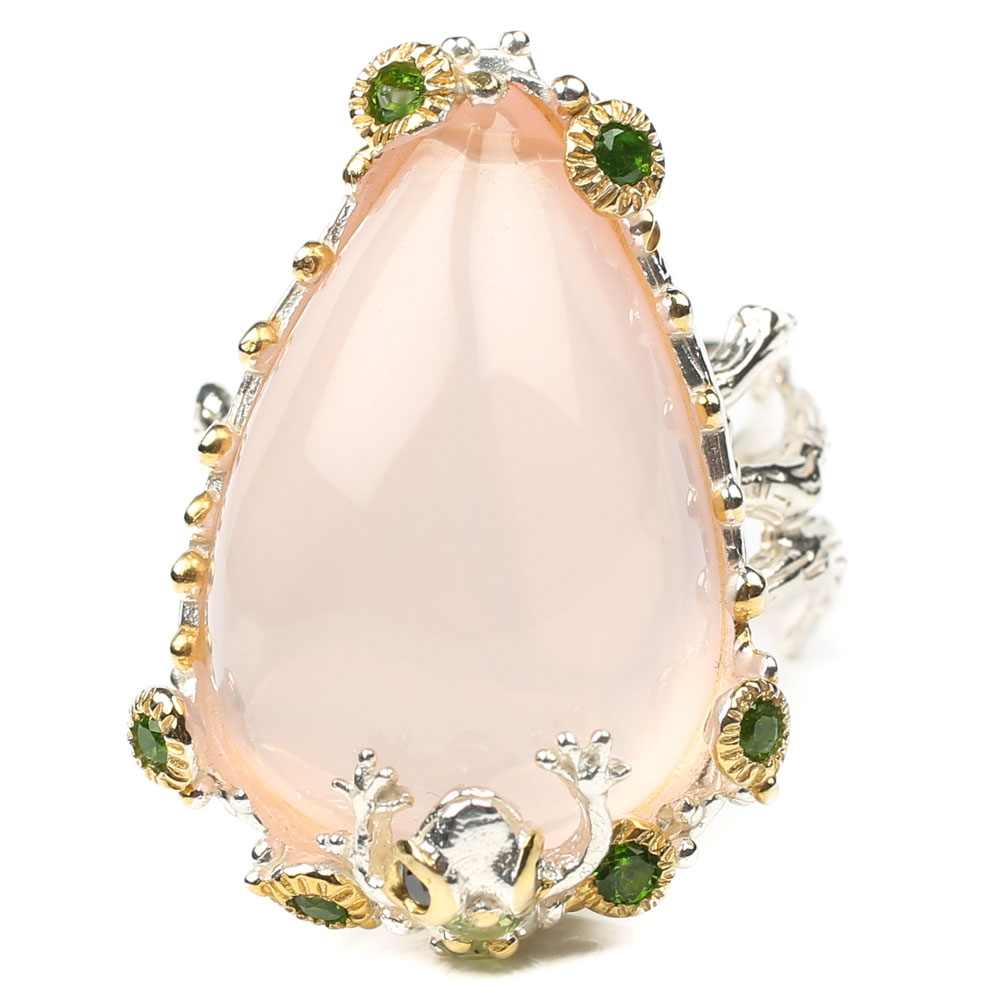 Sterling Silver 28.60 CT Rose Quartz and Peridot Frog Ring