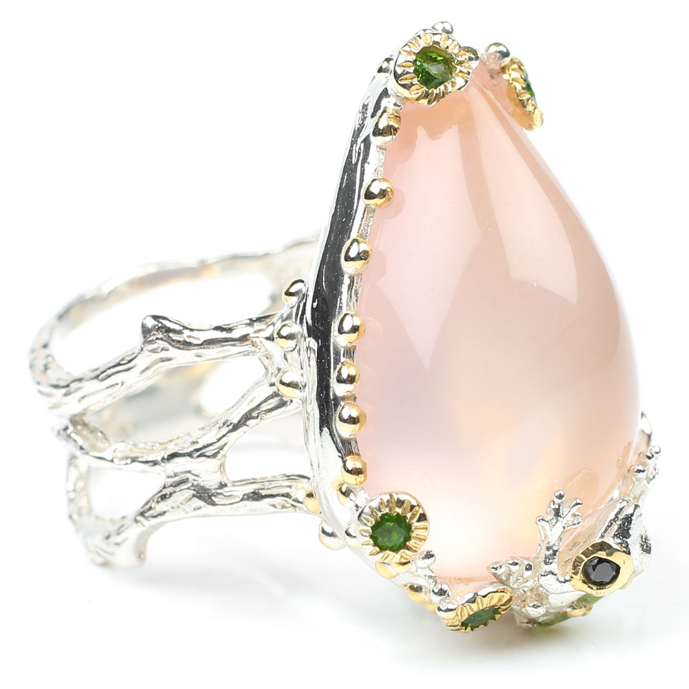 Sterling Silver 28.60 CT Rose Quartz and Peridot Frog Ring