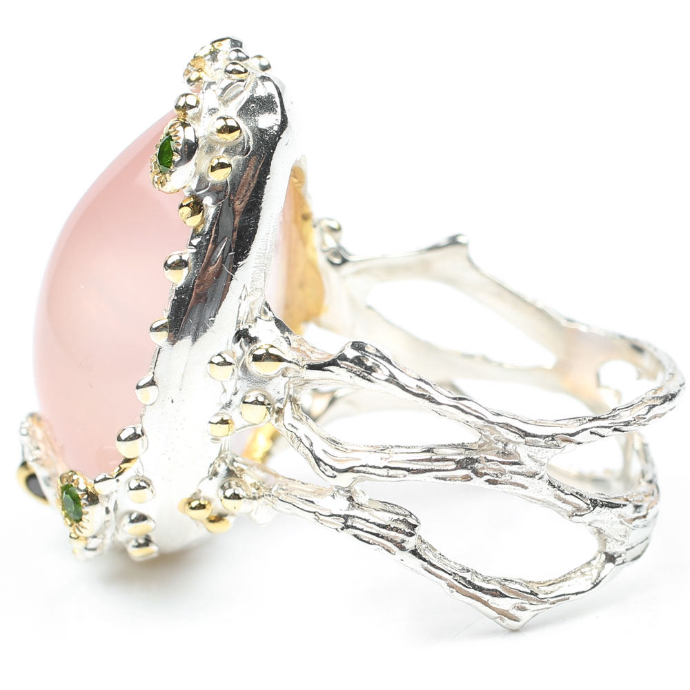 Sterling Silver 28.60 CT Rose Quartz and Peridot Frog Ring
