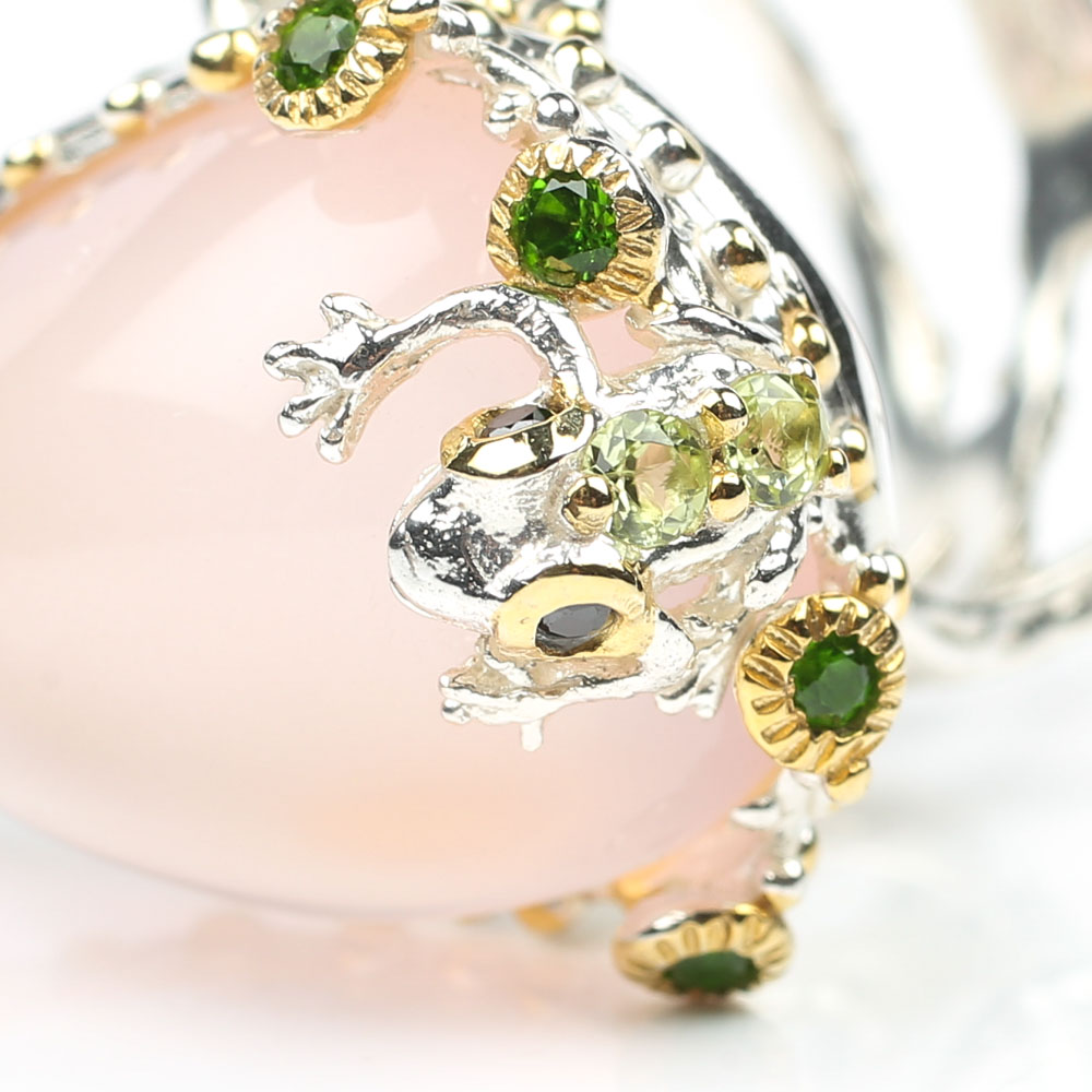 Sterling Silver 28.60 CT Rose Quartz and Peridot Frog Ring