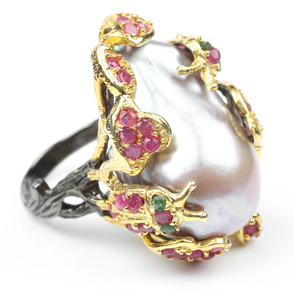 Sterling Freshwater Pearl, 1.56 CTW Ruby and Emerald Ring with Gold Wash