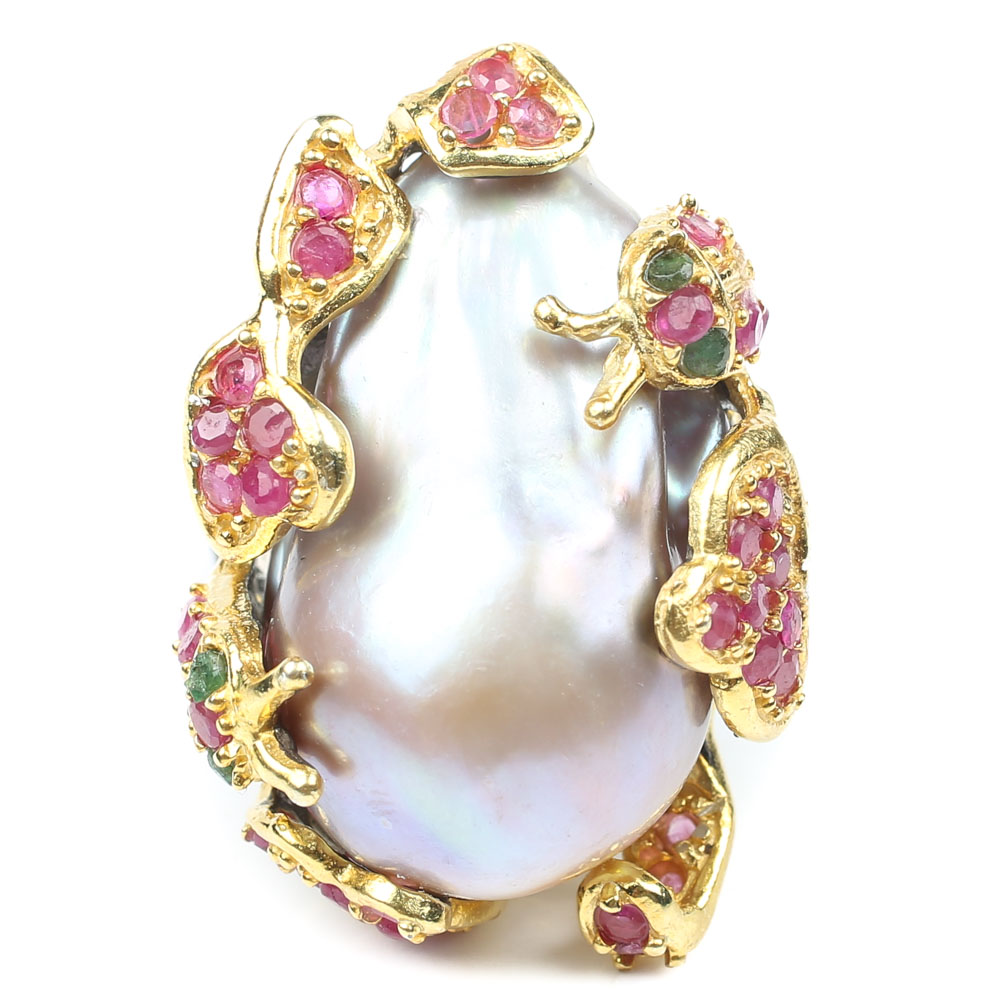 Sterling Freshwater Pearl, 1.56 CTW Ruby and Emerald Ring with Gold Wash